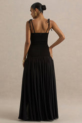 Maeva | Black Square-Neck Fishtail Maxi Dress With Ruched Detailing